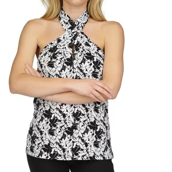 NEW Michael Kors Halter Top Womens L Keyhole-Neck Tropical Black White - Picture 1 of 9